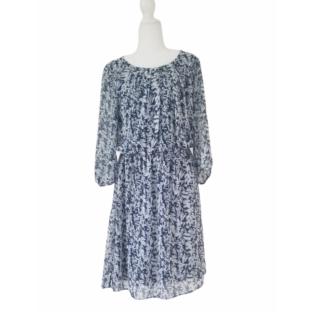 AB Studio Blue & White Leaf Print Dress, Elastic Waist - Size M